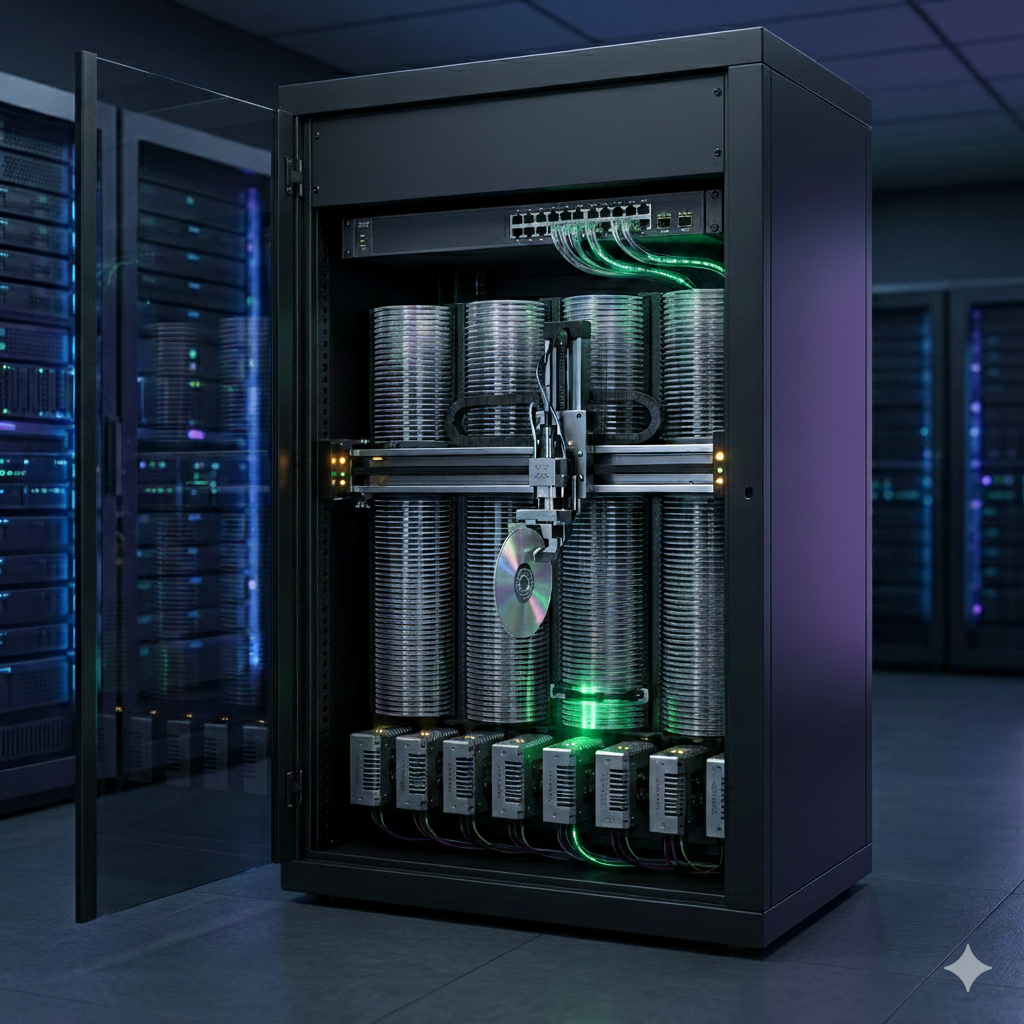 A server rack with a jukebok like arrangement of optical discs